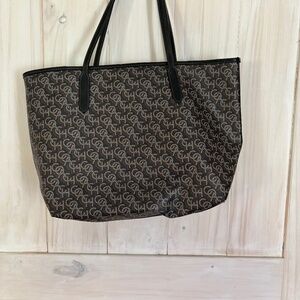 Coach Signature Canvas Tote Bag Brown Black Leather Trim Large Shopper with Dust